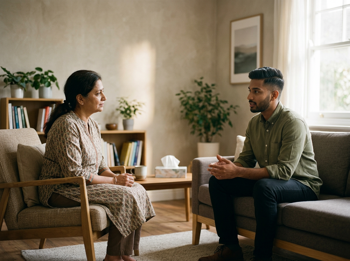South Asian therapist in Dallas talking with a young South Asian man seated on a couch in a calm therapy office.