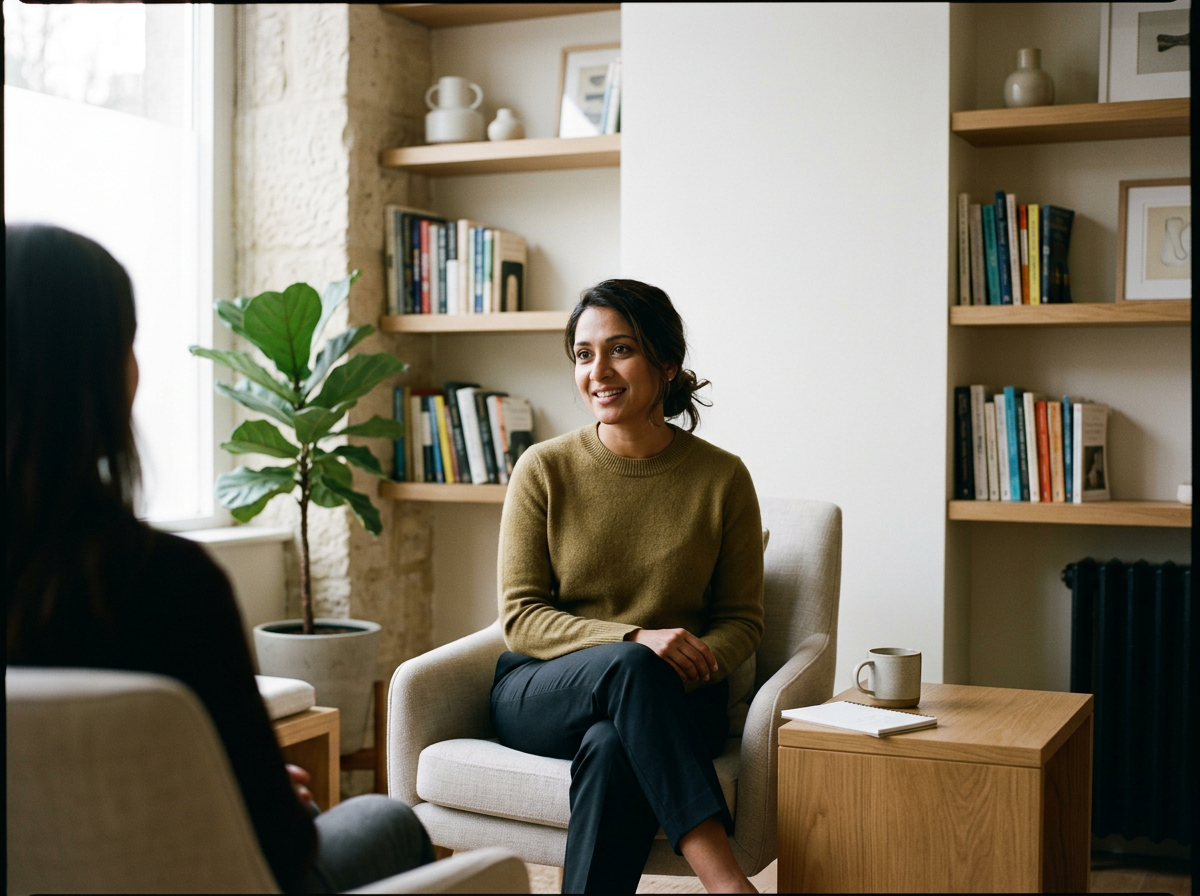 Young South Asian woman therapist sitting across from a client during a session in a Dallas therapy office.