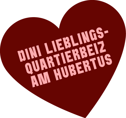 Ein rotes Herz mit pinkem Text, der sagt "PIN Neon Lieblings-Quartierbeiz am Hubertus".