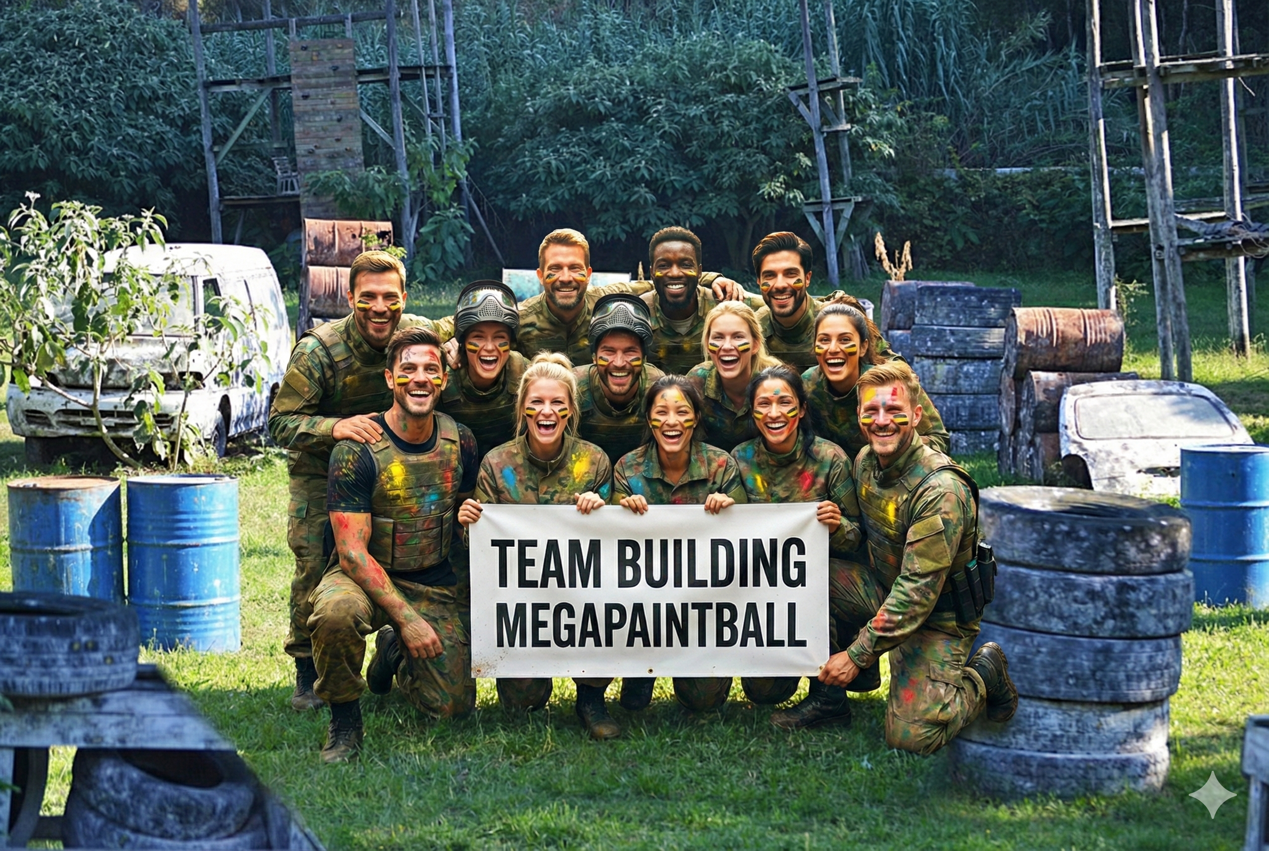 Grupo de pessoas vestidas de camuflagem, sorrindo e segurando um cartaz com a frase 'TEAM BUILDING MEGAPAINTBALL', em uma área ao ar livre com obstáculos de tinta e pneus.