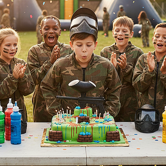 Crianças em uma festa de aniversário ao ar livre, algumas com roupas de camuflagem, uma delas usando capacete de moto e com máscara de proteção ao lado do bolo decorativo, enquanto as outras aplaudem e comemoram.