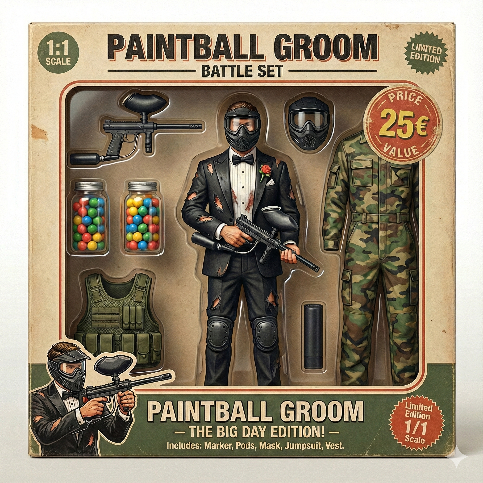 Conjunto de brinquedos de edição limitada, inspirado em um filme de ação, com figura de um bandido vestido com smoking rasgado, colete tático, capacetes, máscara, pistola, pistola de pintura, balas de cores variadas, uniforme camuflado e acessórios adicionais.