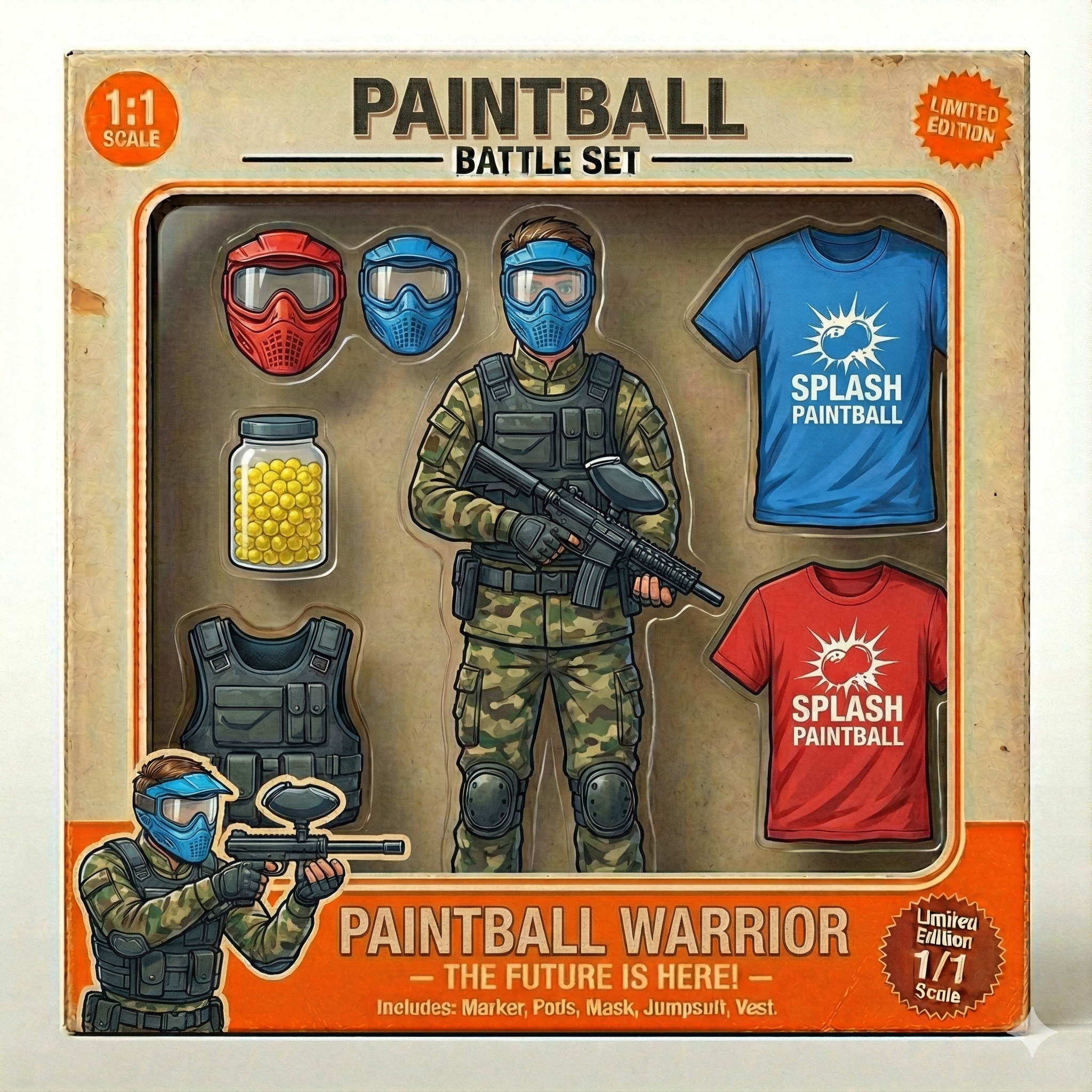 Conjunto de brinquedo de guerra de tinta, com máscaras, uniformes, pistola, balas de plástico, camisetas de cores azul e vermelha com a frase Splash Paintball, e um boneco de soldado com máscara de proteção e arma, em uma caixa com o texto Paintball Warrior.