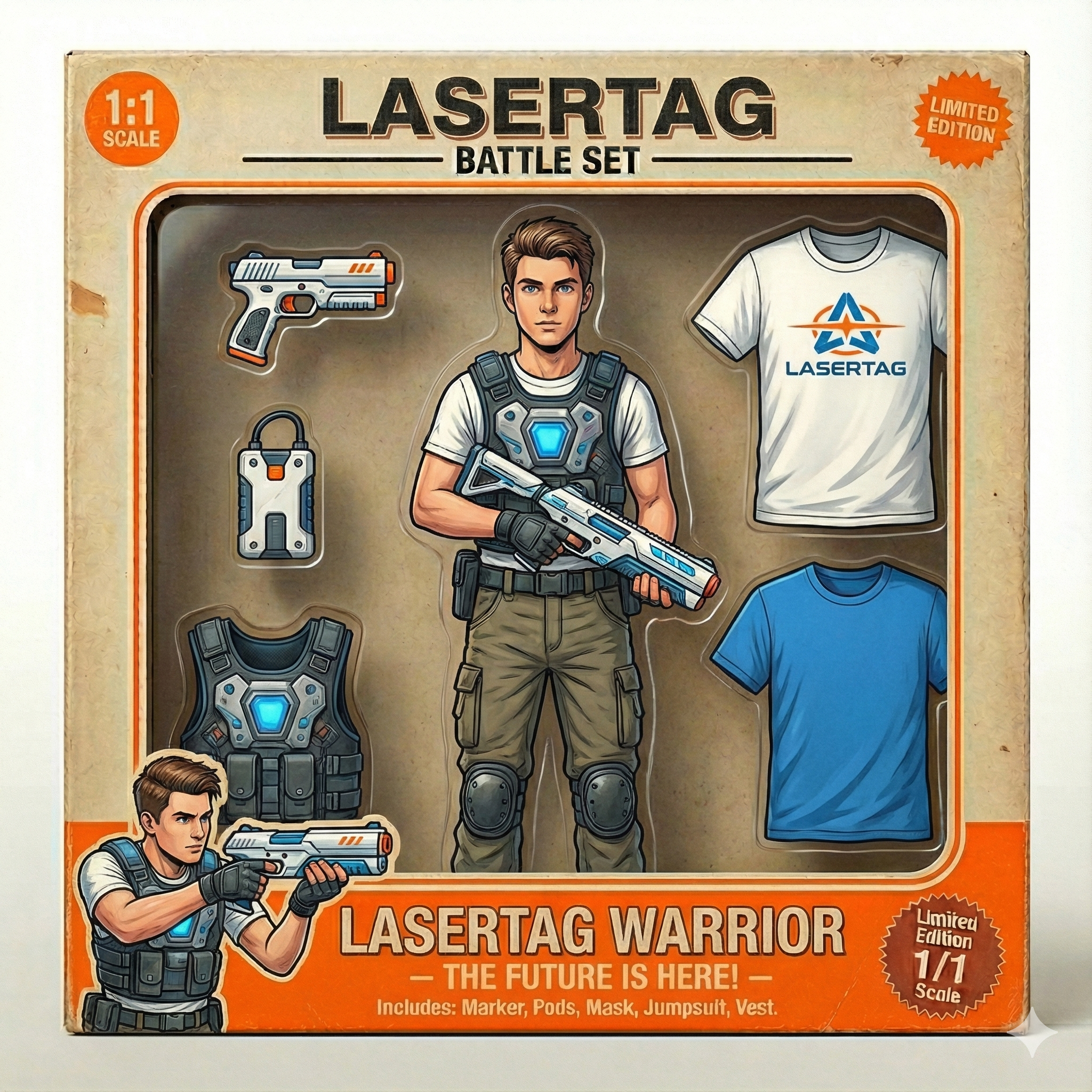 Conjunto de brinquedos de ação estilo batalha futurista, incluindo uma figura de soldado com uniforme e arma, junto com acessórios como pistola, colete, mochila, camiseta branca com logo, e camiseta azul, em uma embalagem de edição limitada.