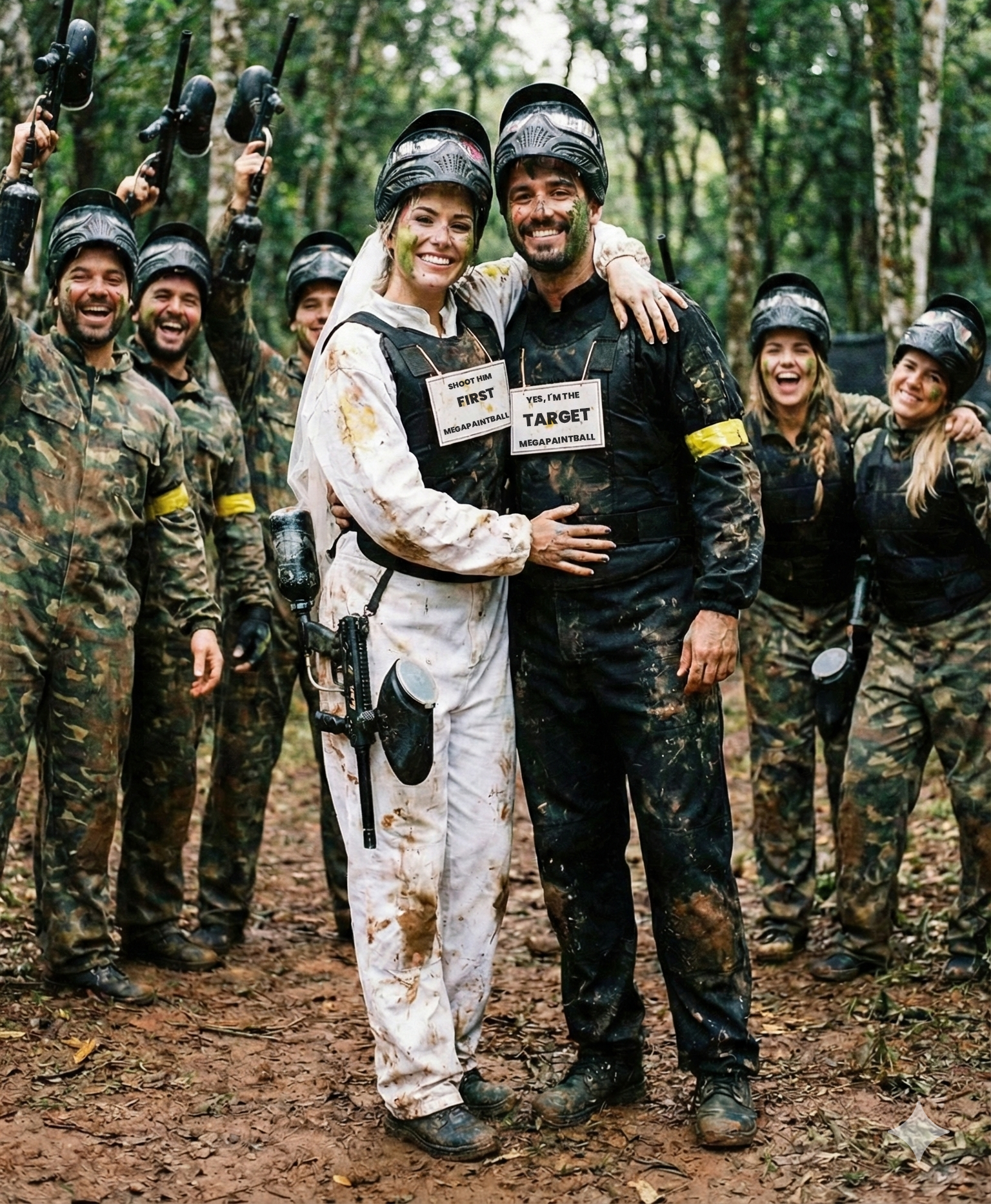 Casal sorridente em uma atividade de paintball ao ar livre, usando capacetes e roupas de proteção, com outros participantes ao fundo em uma floresta.