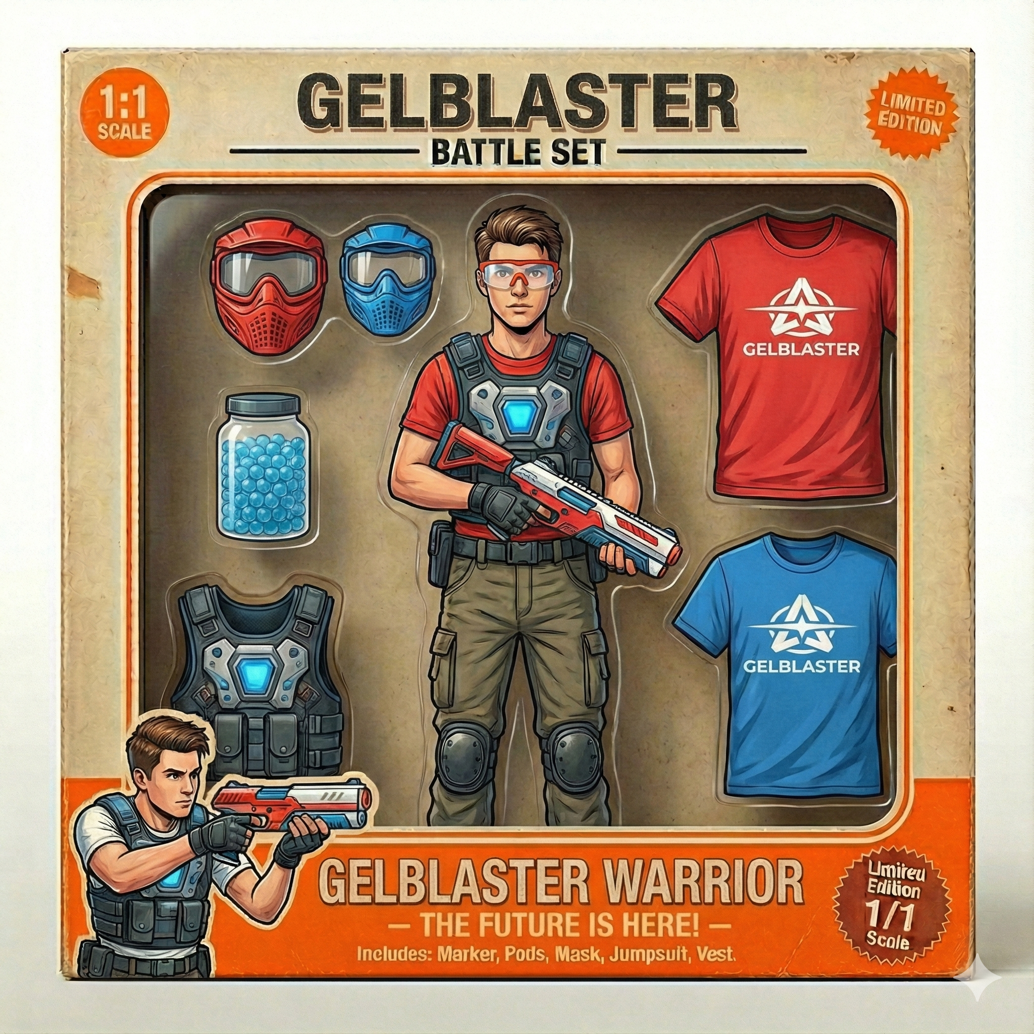 Conjunto de brinquedos de ação Gelblaster Warrior, incluindo máscara de proteção, t-shirts vermelha e azul com o logo Gelblaster, máscara, colete tático, bastão de água, personagem de desenho com trajes de combate e arma de toy, tudo em embalagens de edição limitada.
