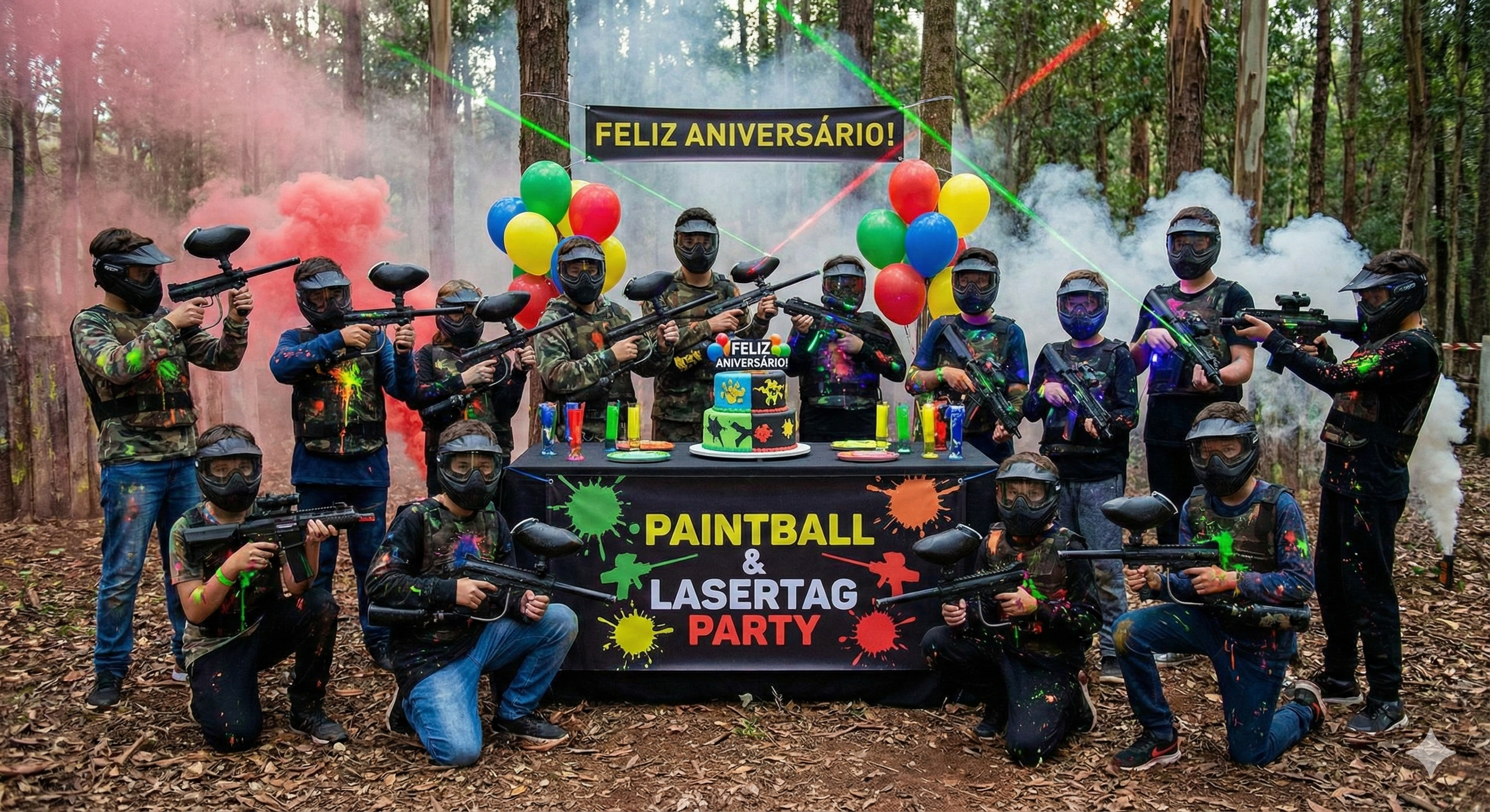 Grupo de pessoas participando de uma festa de aniversário com tema de paintball e laser tag, usando equipamentos de proteção, ao ar livre em uma floresta, com decoração colorida, balões e fumaça colorida.