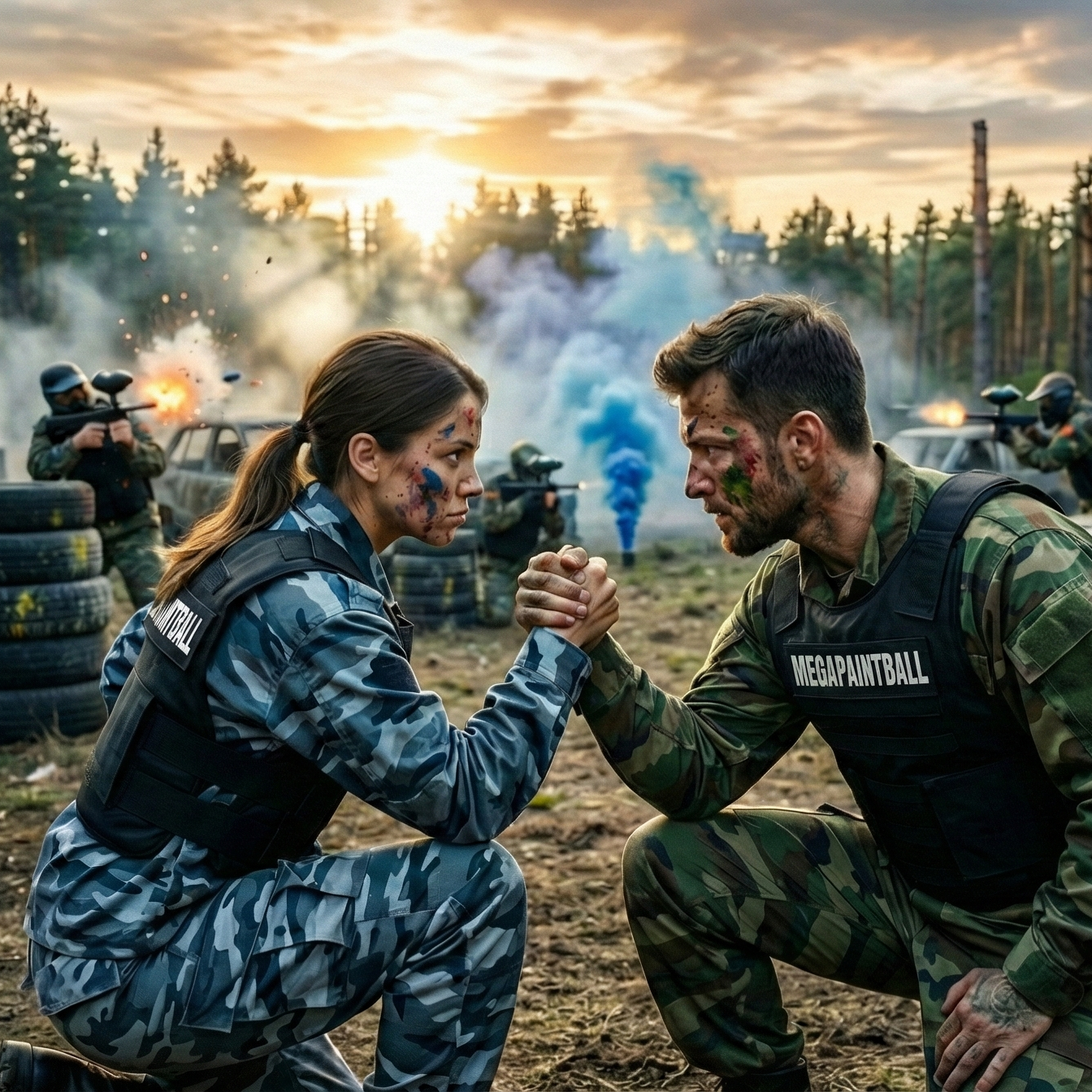Homens e mulheres em uniformes de paintball, em uma partida ao ar livre com fumaça e tiros, um deles com 'MEGAPAINTBALL' no colete, em uma pose de desafio entre eles em uma floresta ao pôr do sol.