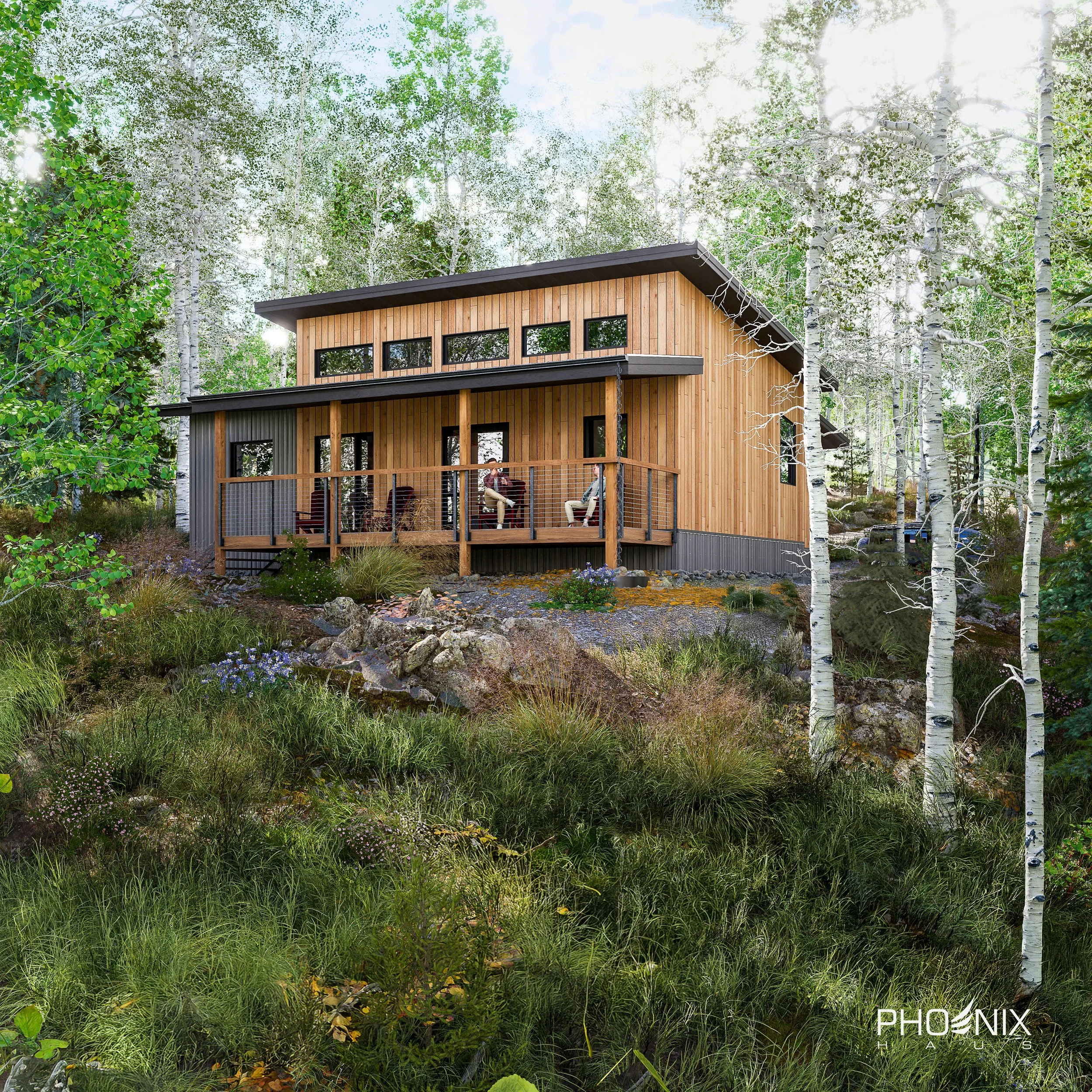 Modern wooden Colorado prefab home with a deck, surrounded by trees and greenery in a forest setting.