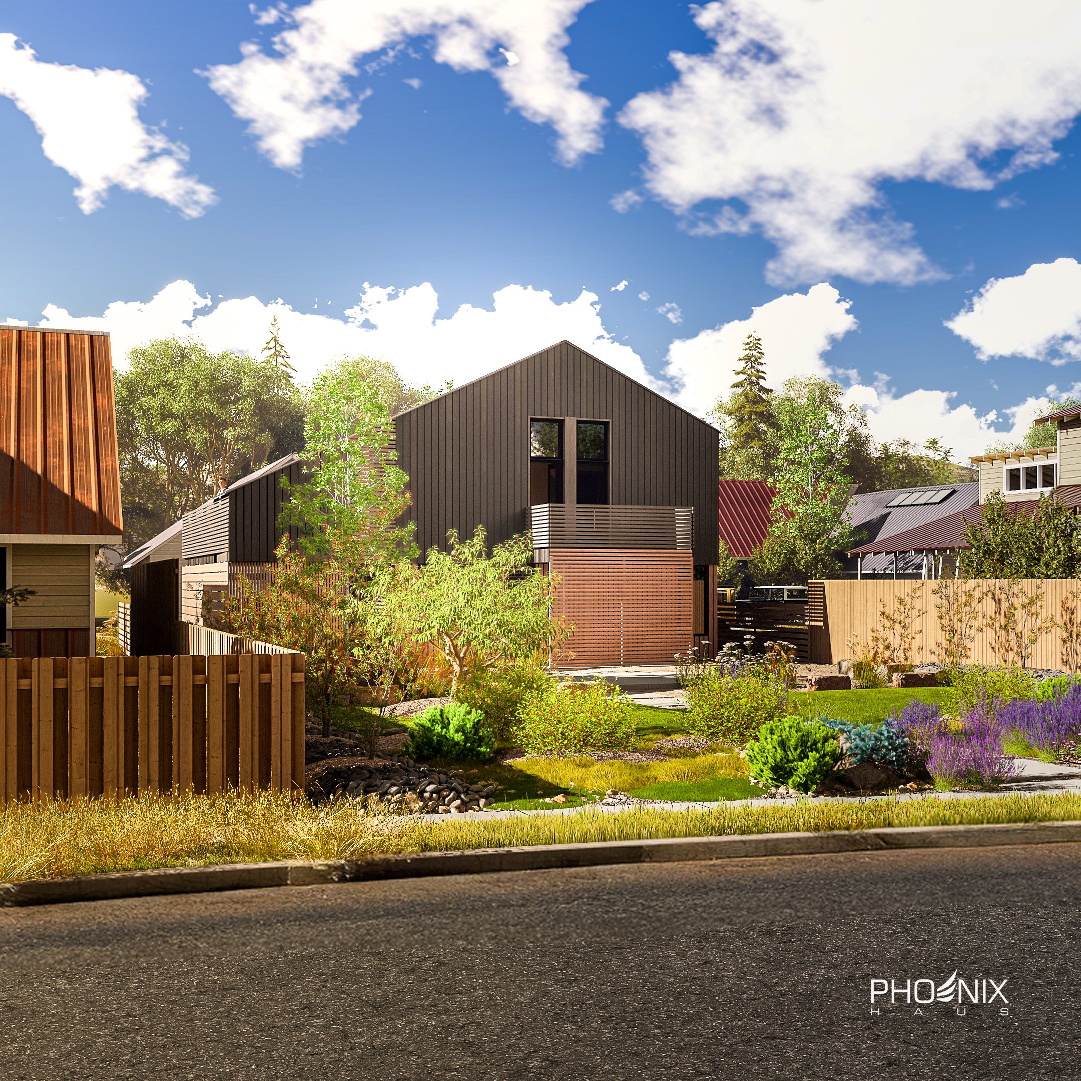 Modern residential backyard with lush landscaping, plants, shrubs, and trees, featuring a black metal-clad house with wooden accents under a partly cloudy sky.