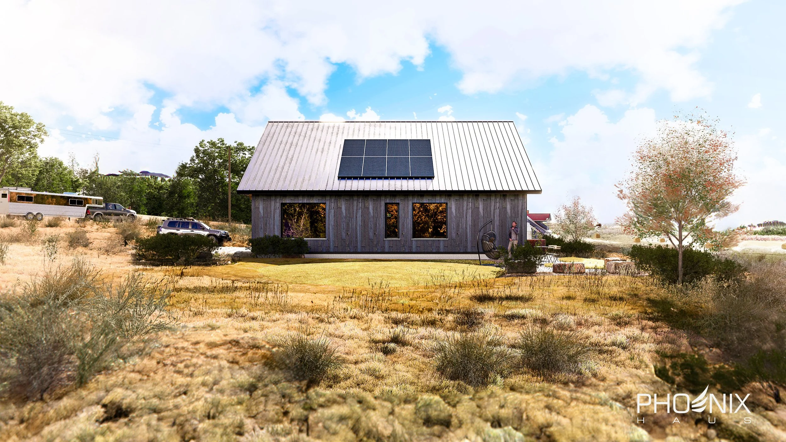A modern house with solar panels on the roof set in a landscape with shrubs and trees under a partly cloudy sky. Vehicles and trailers are parked nearby.