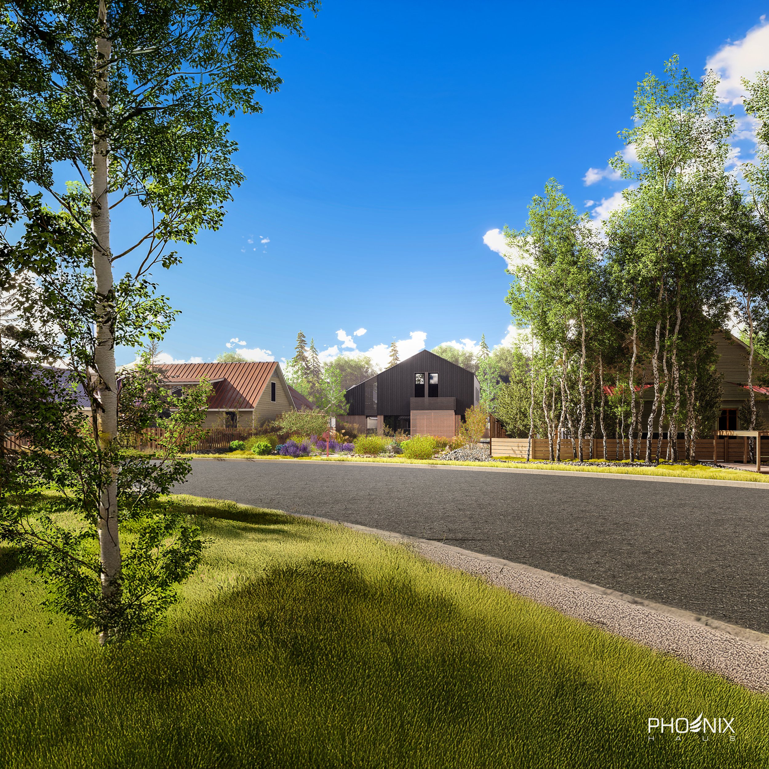A suburban neighborhood street with houses, trees, and a grassy lawn, under a clear blue sky.