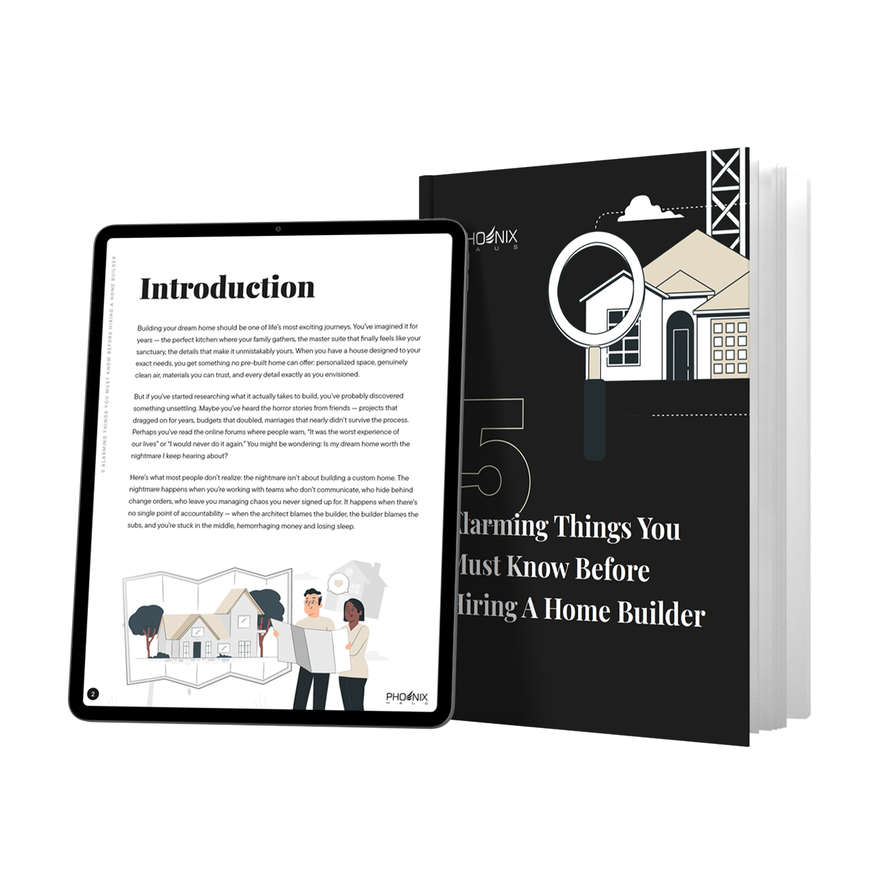 Free download cover image with the title '5 Things You Must Know Before Hiring A Home Builder' with an illustration of houses, a crane, and a magnifying glass.
