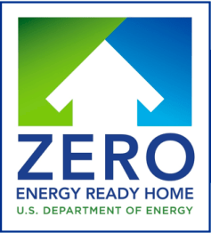 Logo for Zero Energy Ready Home from the U.S. Department of Energy, featuring a house icon with green and blue background.
