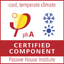 Graphic showing a yellow mug with steam, pH scale, snowflake icons, and text indicating a cool, temperate climate, certified component, and Passive House Institute certification.