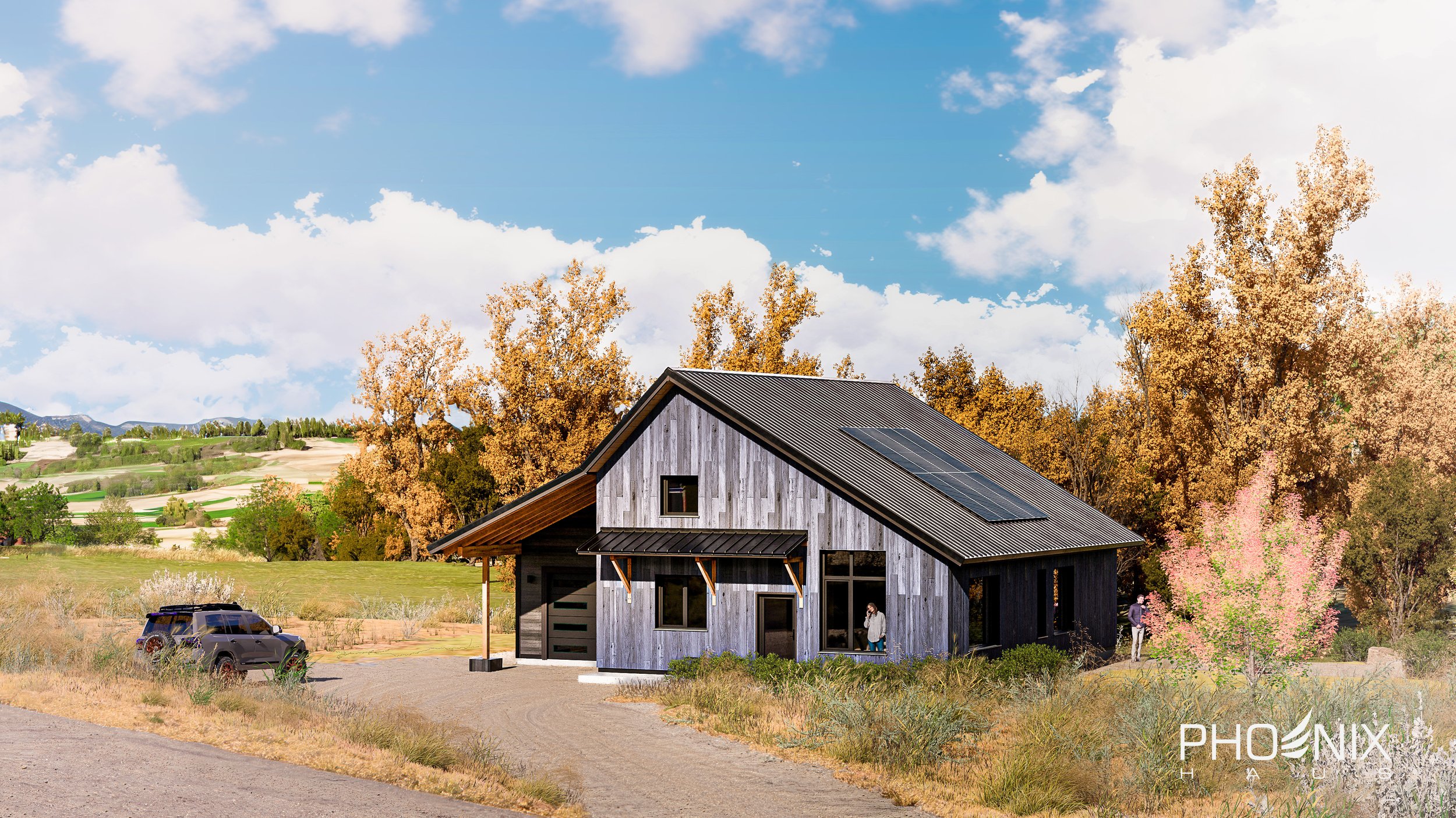 A modern house with solar panels on the roof, situated in a rural landscape with trees and open fields, under a partly cloudy sky.