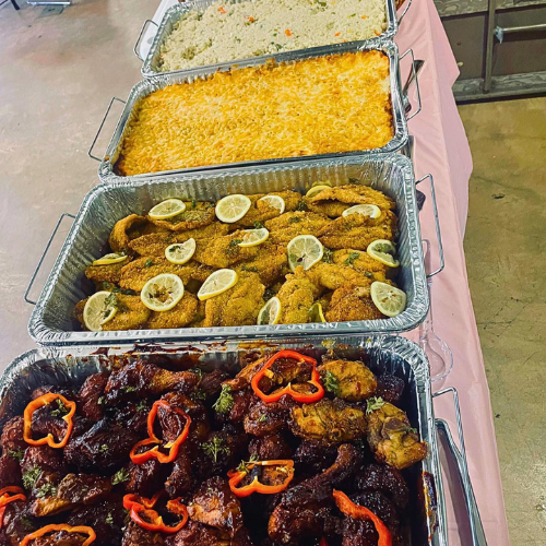 Buffet lineup of meats and starches