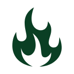 A stylized flame icon with dark green color