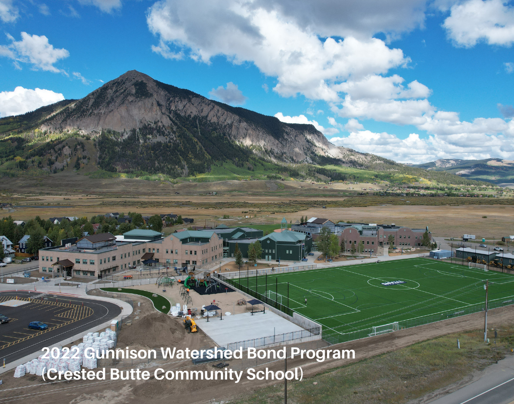 A school athletic field with a football field and surrounding buildings, set against a mountainous landscape under a partly cloudy sky.