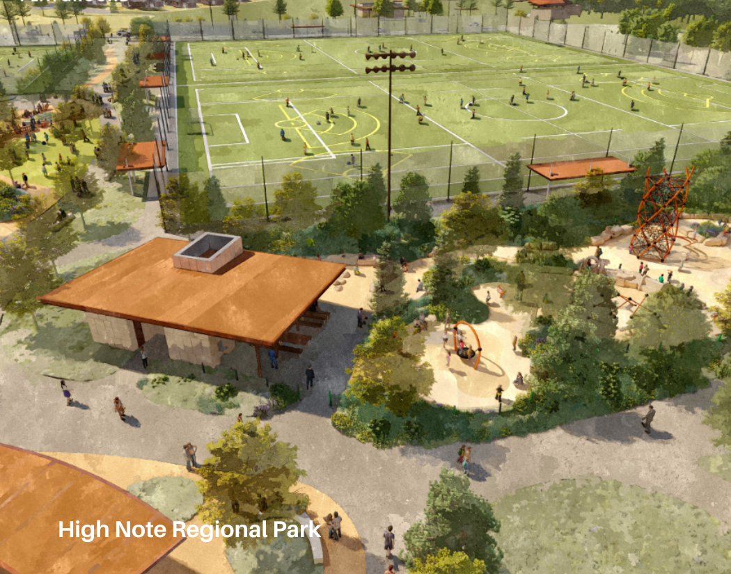 Aerial view of High Note Regional Park featuring a multi-purpose sports field, a playground with swings, a climbing structure, and shaded seating areas, with walking paths and lush greenery.