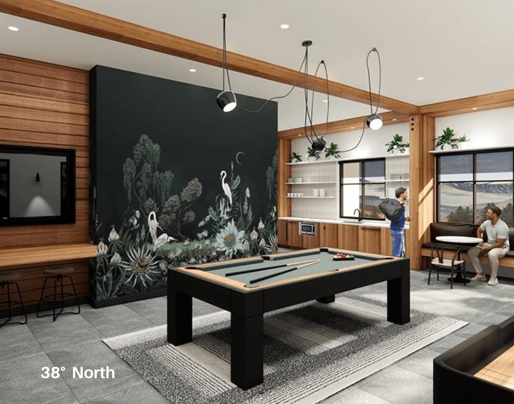 A modern recreational room featuring a black pool table with light wood trim, a floral mural on a dark accent wall, large windows with scenic mountain views, and a seating area with two people.