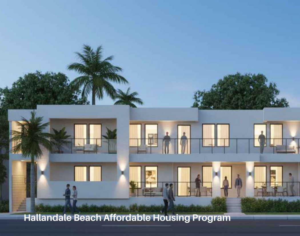 Modern beachfront apartment complex with white exterior, balconies, palm trees, and people walking and socializing outside, under a clear evening sky.