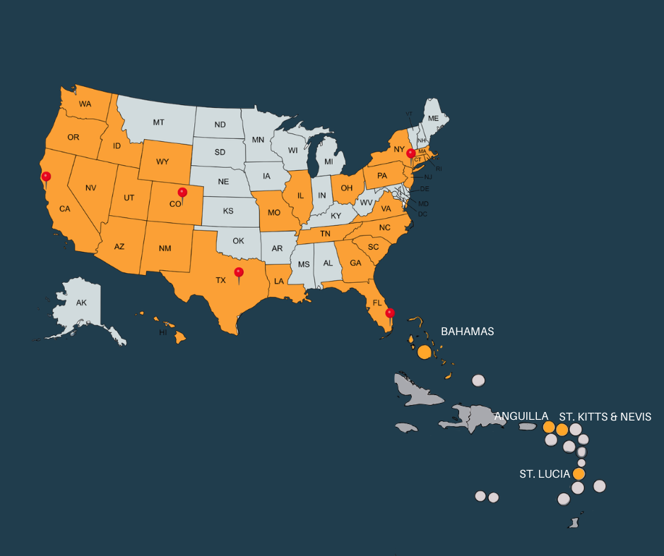 A map of the United States highlighting specific states and territories. The mainland states are color-coded with some marked by red pins: California, Texas, and Florida. The Bahamas is labeled, as well as several Caribbean islands such as Anguilla, St. Kitts & Nevis, and St. Lucia, which are shaded in orange and gray.