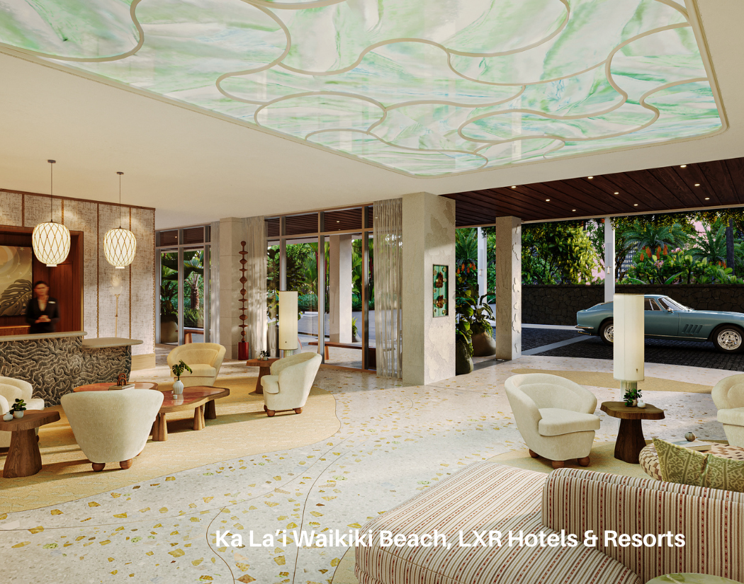 Luxurious hotel lobby with white upholstered armchairs around wooden coffee tables, modern lighting fixtures, large windows revealing lush tropical greenery outside, a reception desk, and a decorative ceiling with a colorful, swirling pattern, indica