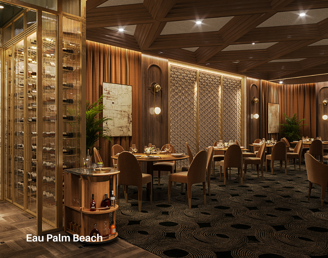 Upscale restaurant with wooden walls, patterned carpet, and dim lighting. Elegant tables set with glassware and cutlery, surrounded by beige upholstered chairs. Decorative artwork and plants adorn the walls, and a golden wine rack is visible on the l