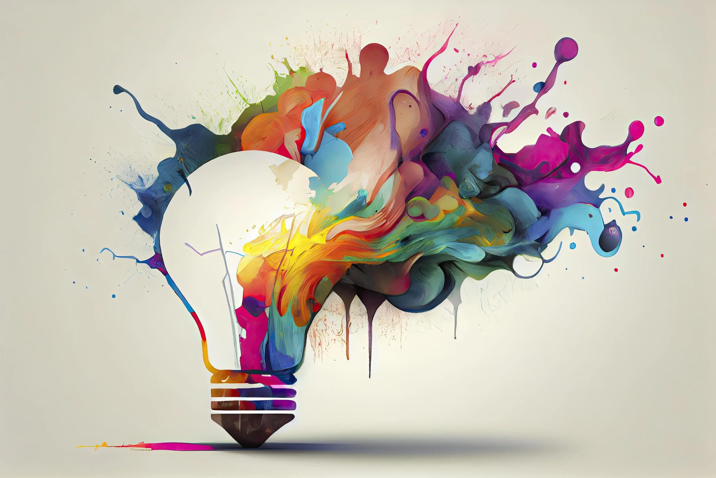 An abstract colorful illustration of a light bulb with paint splashes and swirls radiating from it.