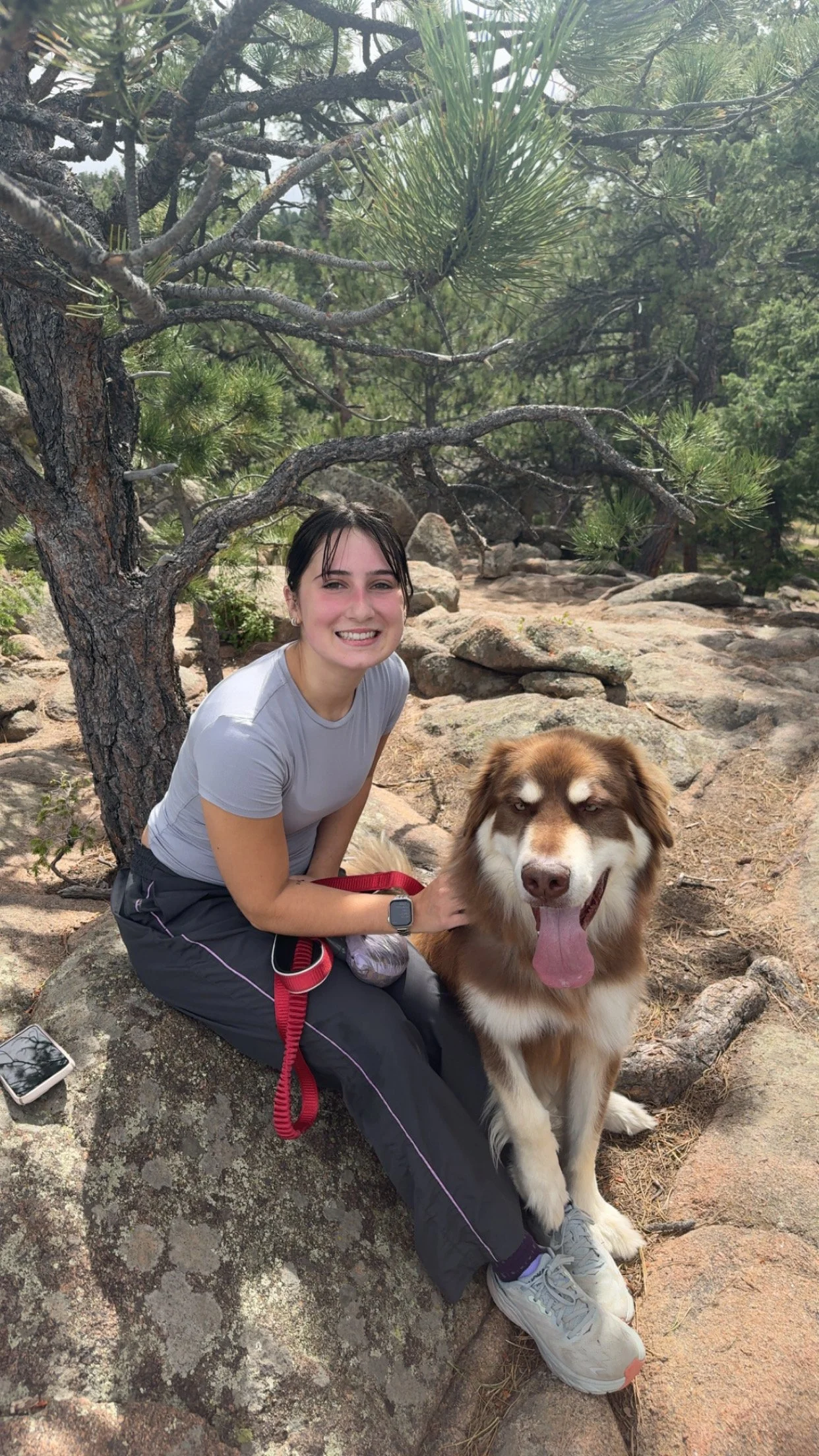 A smiling young woman with short dark hair, wearing a gray t-shirt and black pants, sits on a large rock in a wooded outdoor setting, holding a large brown and white Siberian Husky with blue eyes and a pink tongue sticking out.