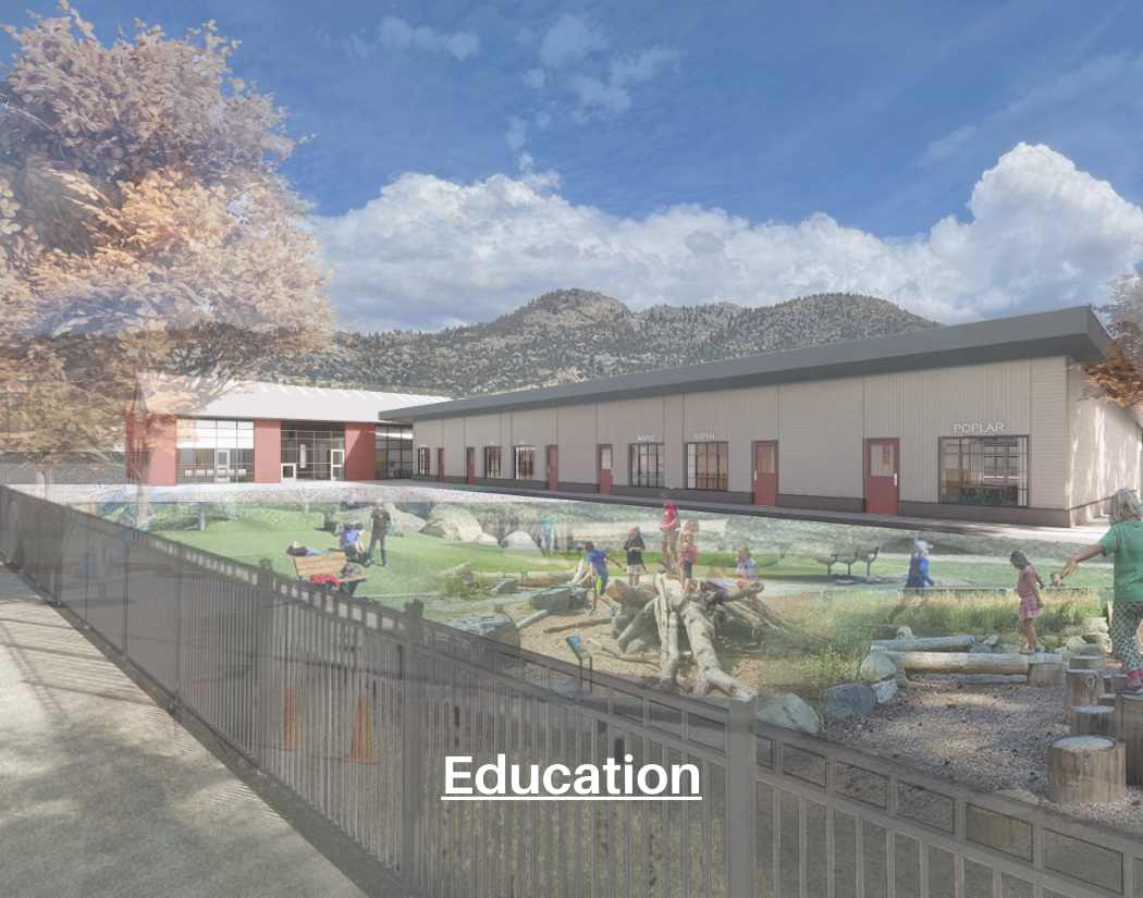 A school building with a playground area where children are playing, surrounded by a fence, with mountains and trees in the background under a cloudy sky, and the word 'Education' displayed at the bottom.