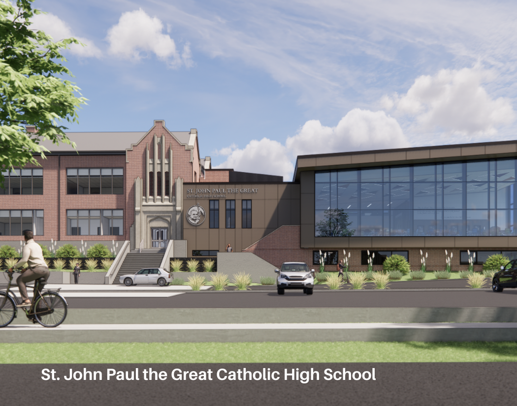Digital rendering of St. John Paul the Great Catholic High School building with modern and traditional architectural elements, landscaping, and people walking or biking outside.