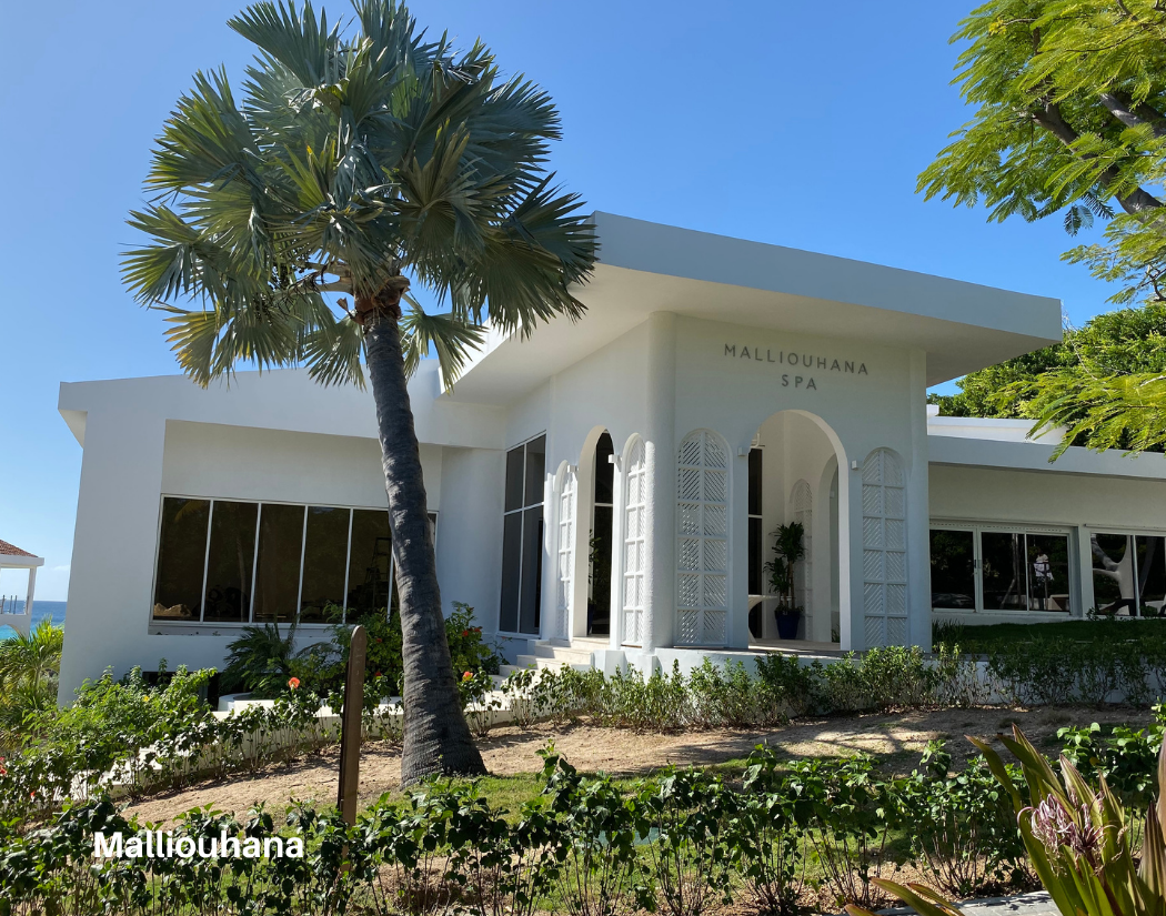 White modern building labeled 'Malliohuana Spa' surrounded by green plants, including a tall palm tree, under a clear blue sky.