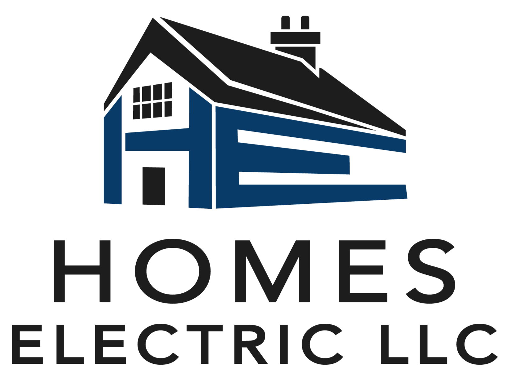 Logo of Homes Electric LLC featuring a house illustration in black and blue with a black roof and chimney, with the company name below in black text.
