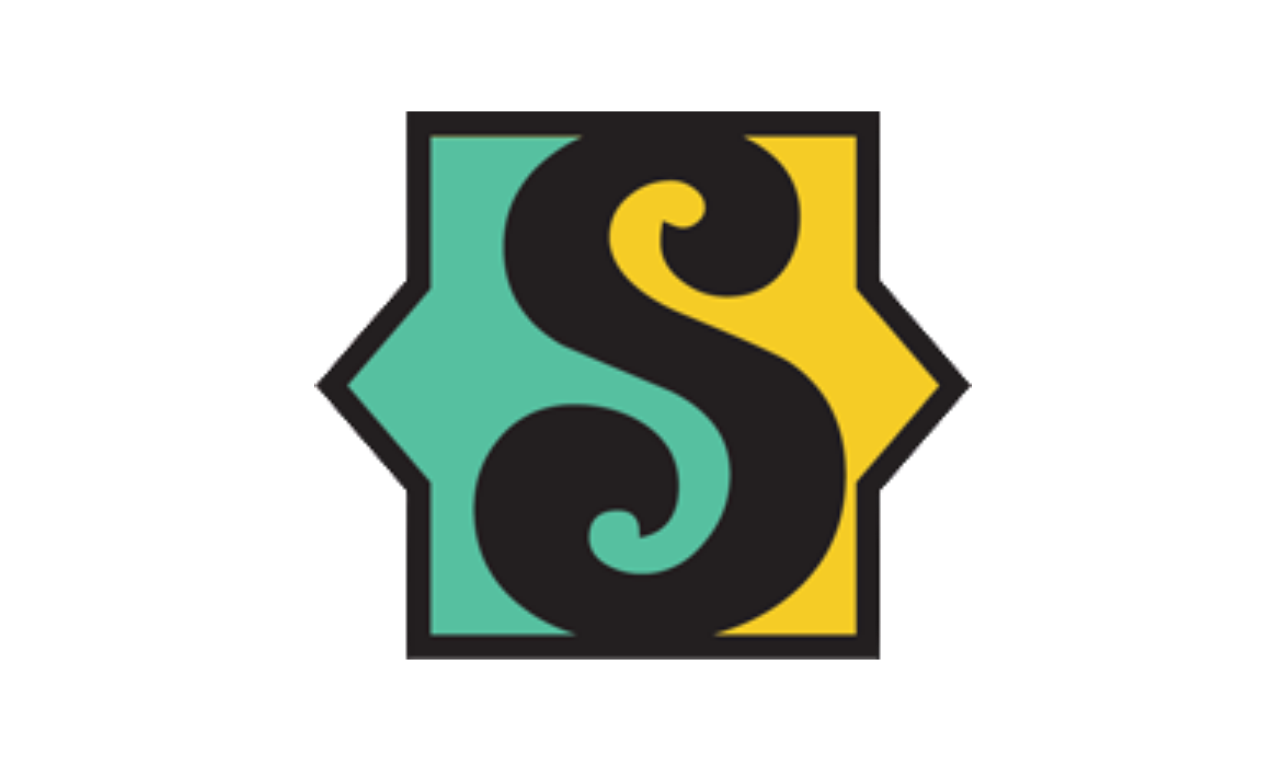 Abstract teal and yellow geometric logo with a black zigzag swirl on a dark background