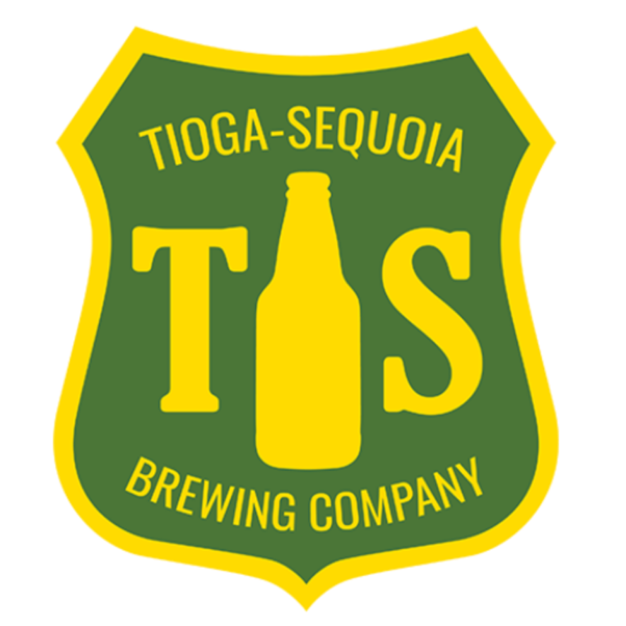 Logo of Tioga-Sequoia Brewing Company with green shield, yellow border, and a yellow beer bottle silhouette in the center, featuring yellow text.