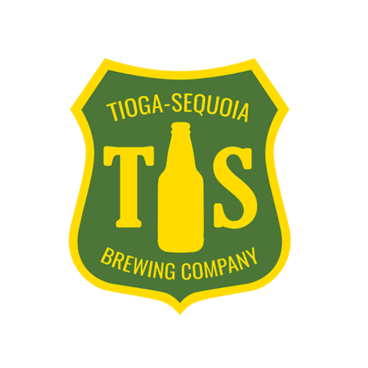 Tioga-Sequoia Brewing Company shield logo with a yellow beer bottle and the letters TS
