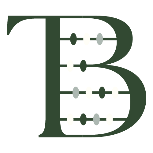 The logo for TrueBooks, a Michigan-based bookkeeper for small businesses. The logo is the letter T and B combined with horizontal lines in between with abacus beads.