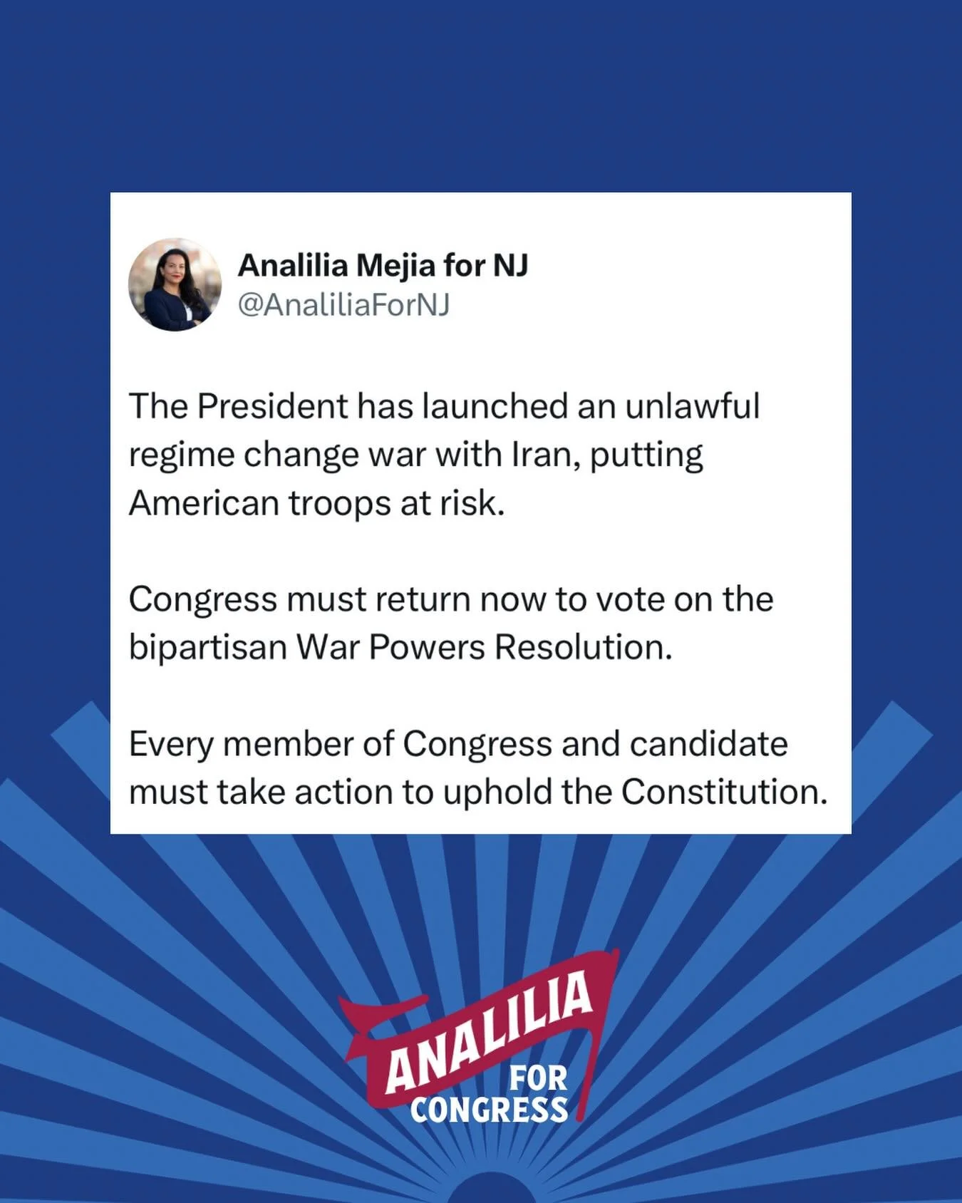The President has launched an unlawful regime change war with Iran, putting American troops at risk.

Congress must return now to vote on the bipartisan War Powers Resolution.

Every member of Congress and candidate must take action to uphold the Con