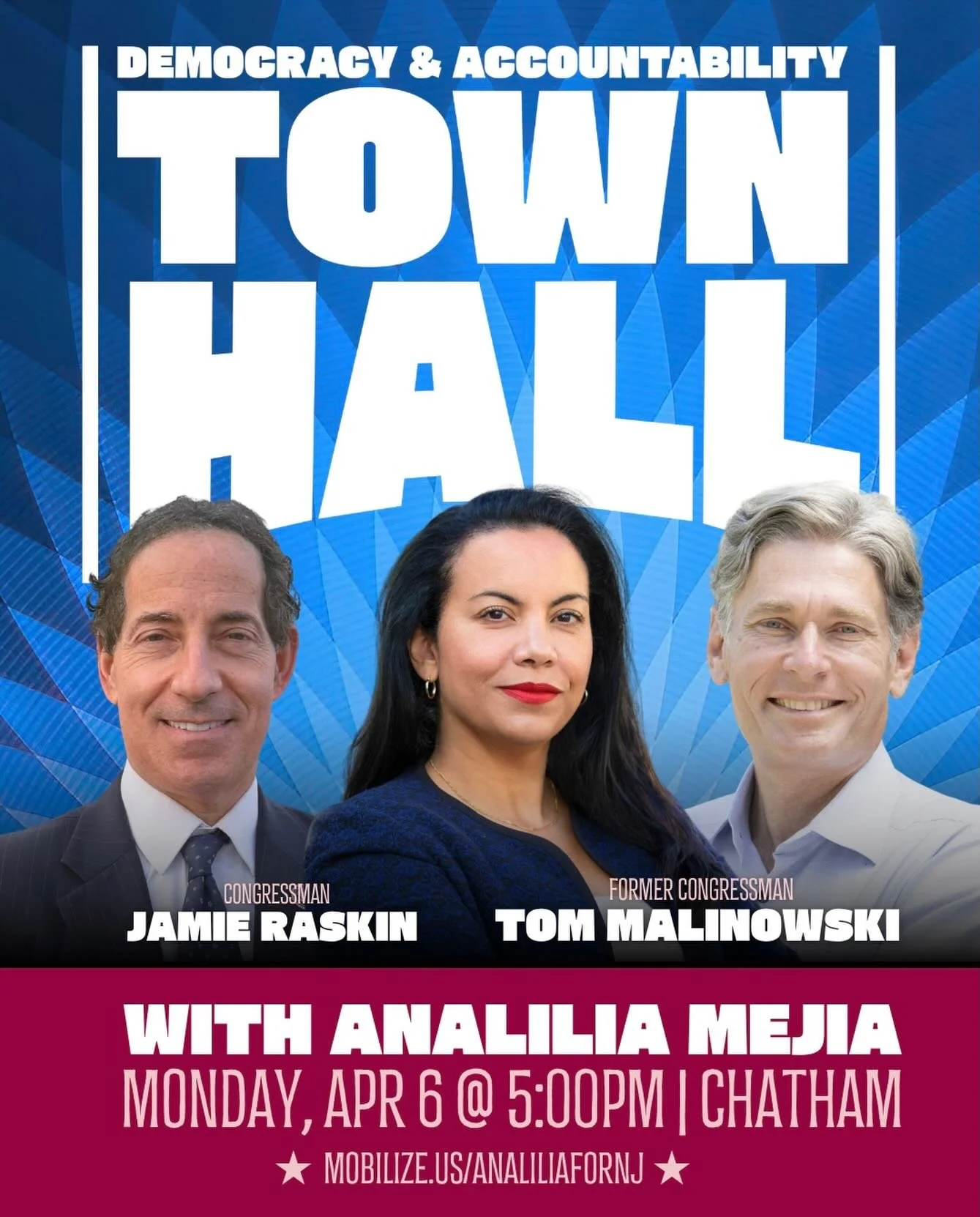 Join me, Congressman @raskinforcongress and former Congressman @malinowskifornj for a town hall on Democracy and Accountability in Chatham.

We are in the grips of a democratic backslide, and we must protect it.

Join us. Link in bio to sign up.