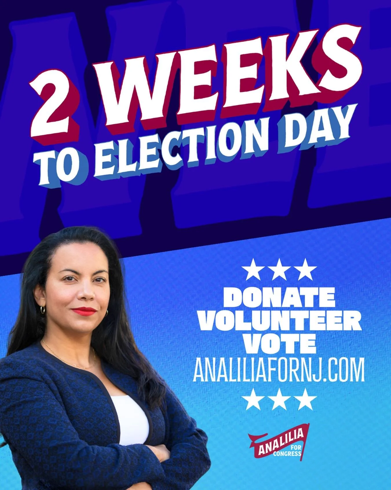 We&rsquo;re officially two weeks away from Election Day.

Two weeks from showing the nation New Jersey is ready for unbought, unbossed leadership.

Two weeks from rejecting MAGA extremism.

Join the movement. Volunteer or donate at analiliafornj.com