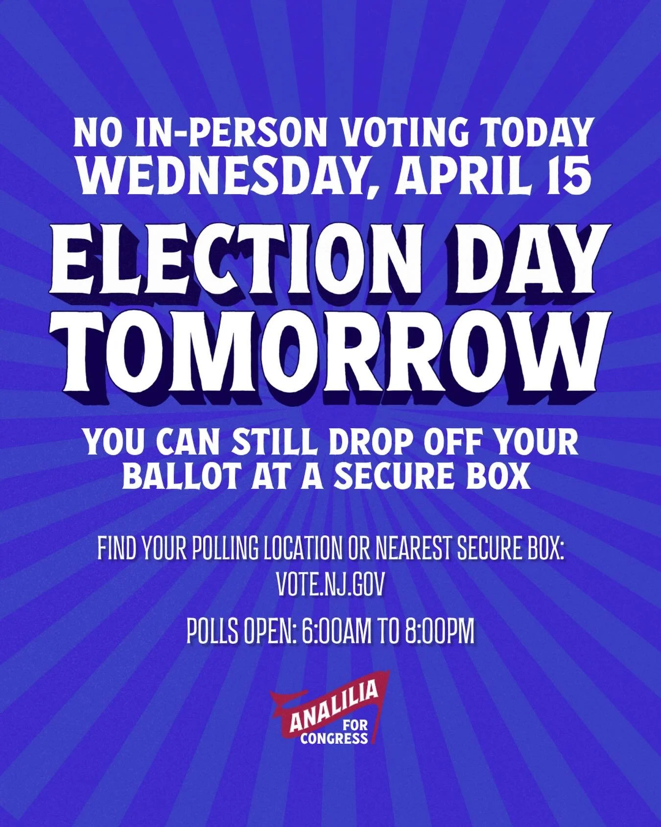 Early voting has ended, so there&rsquo;s no in-person voting today. But you can still drop off a vote-by-mail ballot today at a secure ballot box.

Election Day is tomorrow. Make your plan to vote at vote.nj.gov. Polls are open 6 AM to 8 PM.