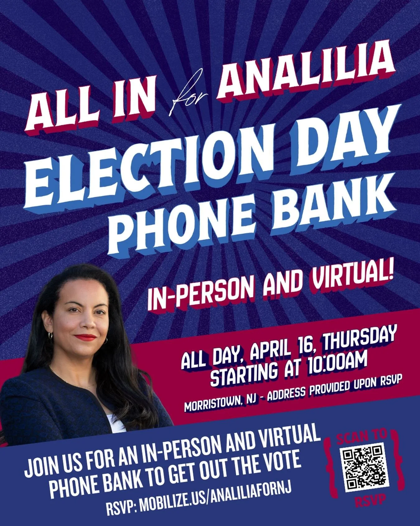 🚨Election Day is TOMORROW. This is the final stretch.

We&rsquo;re phone banking ALL DAY starting at 10 AM &mdash; join us virtually or in person.

It&rsquo;s now or never: https://www.mobilize.us/analiliafornj/