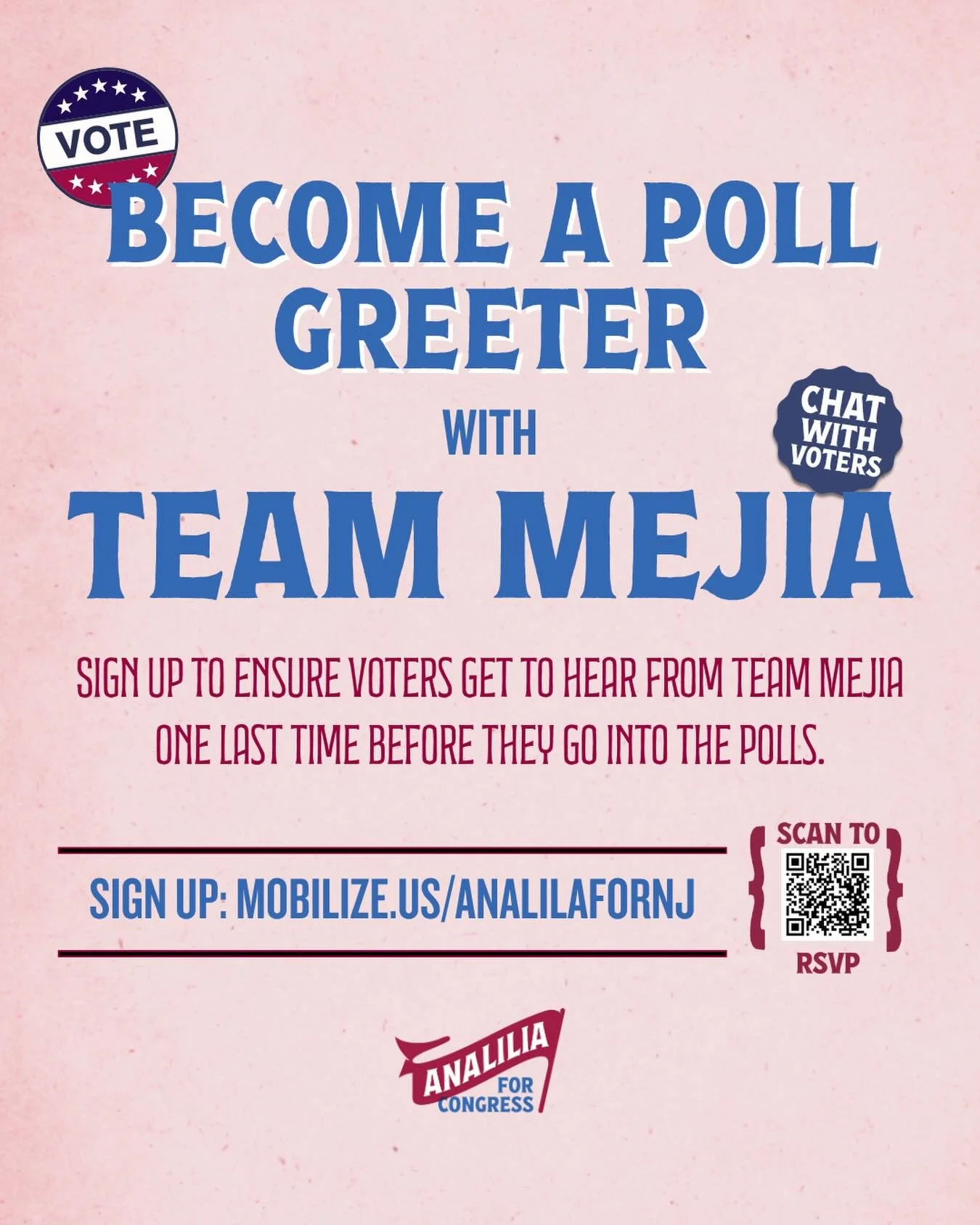 Election Day is tomorrow and we need all hands on deck.

Sign up to be a poll greeter and help ensure voters hear from our team at the polls&mdash;shifts start as early as 6 AM.

RSVP: https://www.mobilize.us/analiliafornj/event/938626/