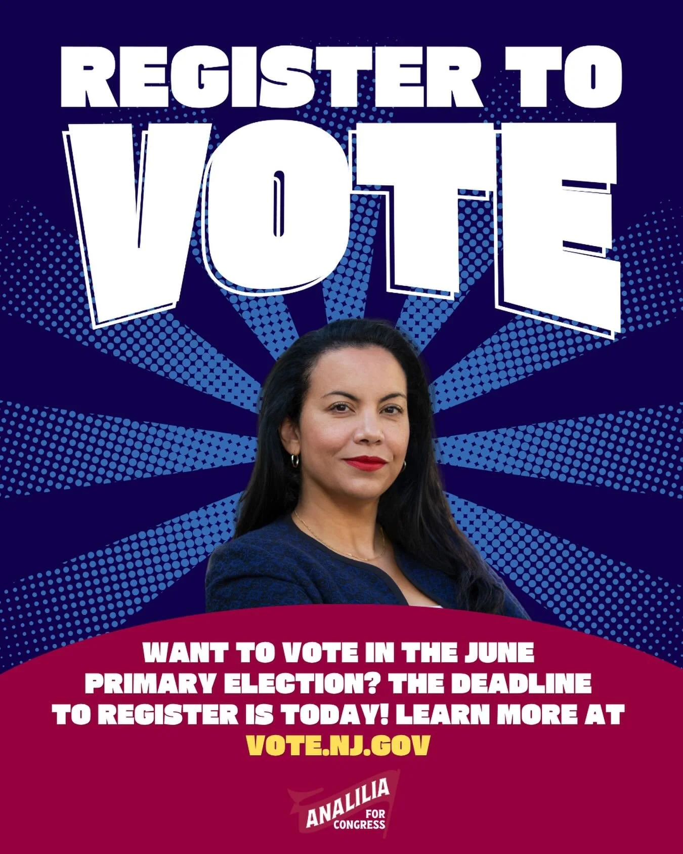 🚨 ATTENTION TEAM MEJIA 🚨

TODAY is the deadline to register to vote in the June primary election! Visit vote.nj.gov to learn more.