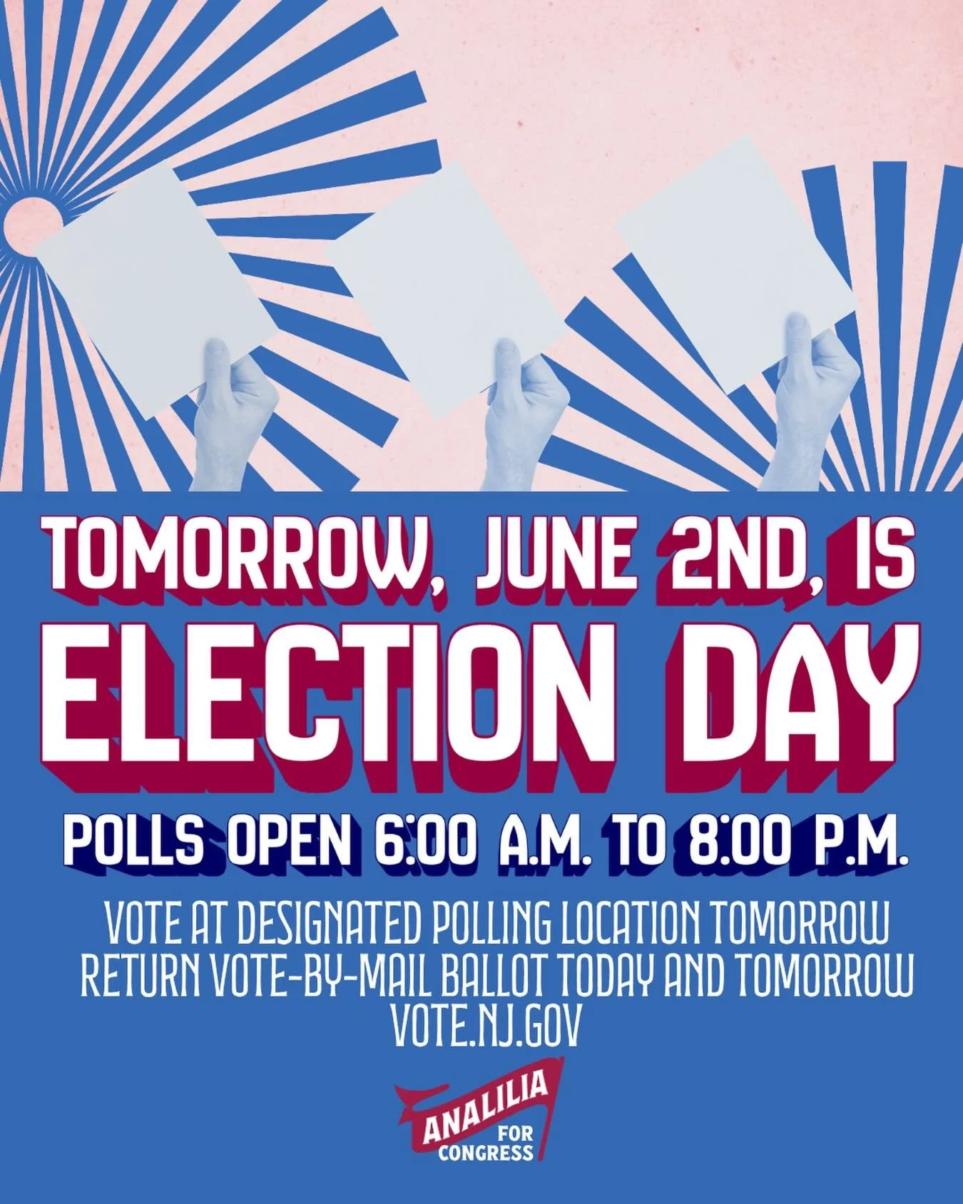 Tomorrow, June 2nd, is Election Day! Polls will be open from 6 AM to 8 PM.

If you haven&rsquo;t voted yet, make your plan to vote tomorrow.

Visit vote.nj.gov to find your designated polling place or locate a secure drop box to return your vote-by-m