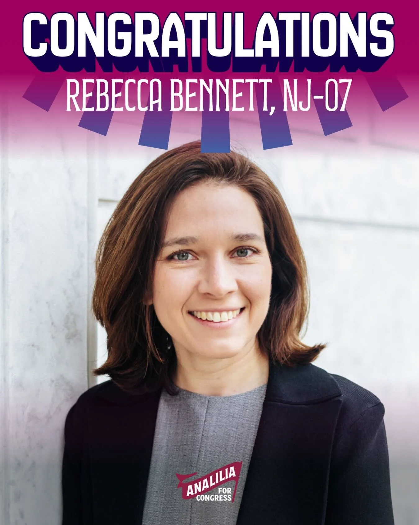 Congratulations to Rebecca Bennett on your victory in New Jersey&rsquo;s 7th Congressional District Democratic primary.

NJ deserves a representative who will show up every day and fight for working families, not MAGA extremists.

I look forward to w