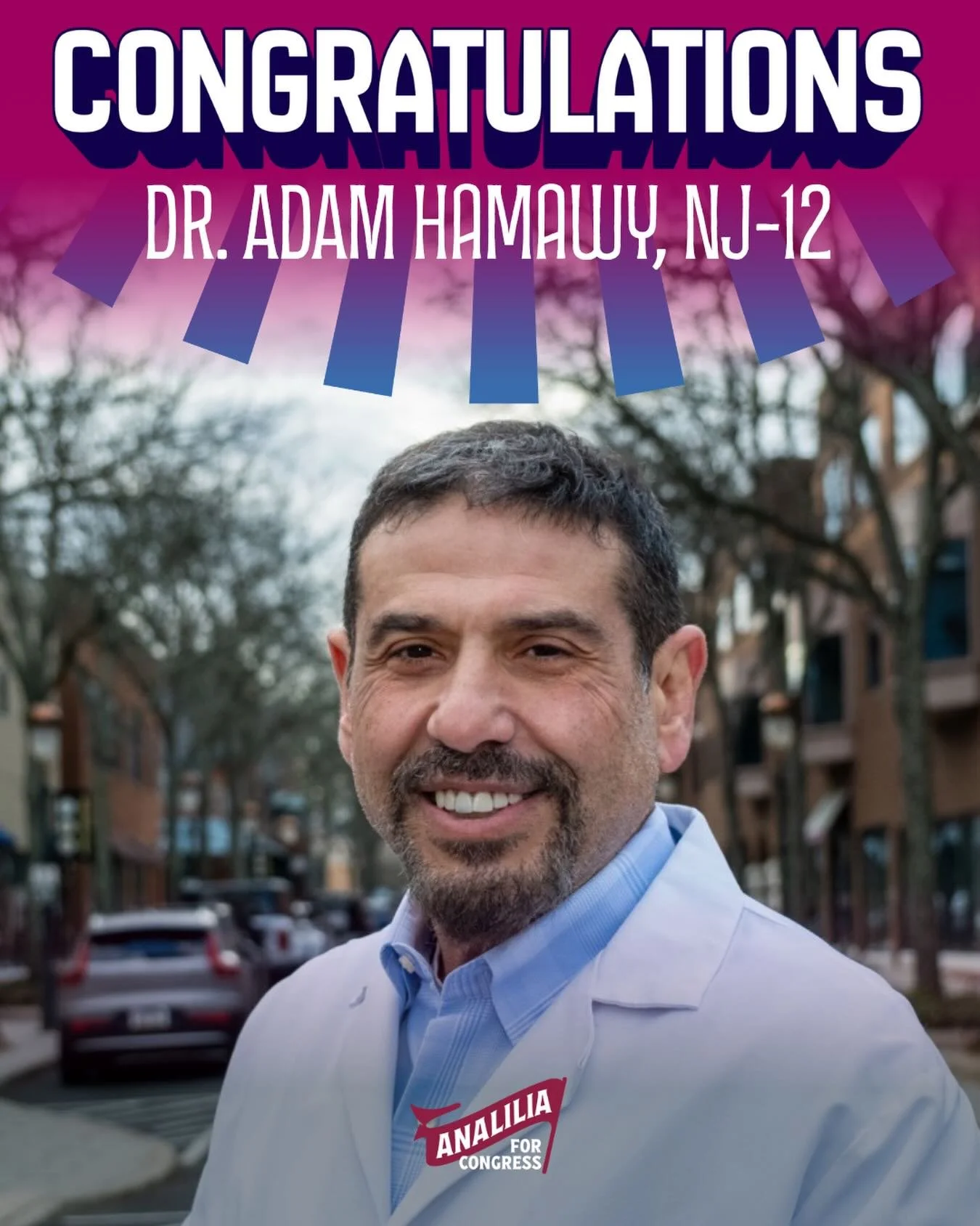 Congratulations to Dr. Adam Hamawy on your victory in New Jersey&rsquo;s 12th Congressional District Democratic primary.

I&rsquo;m excited to serve alongside you in Congress and work together to advance the dignity, well-being, and empowerment of al