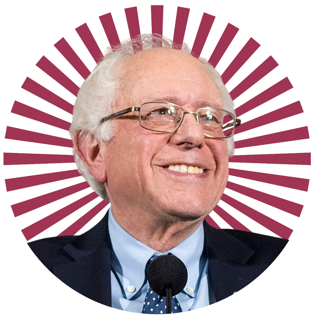 Senator Bernie Sanders smiling with glasses in a navy suit against an American flag background